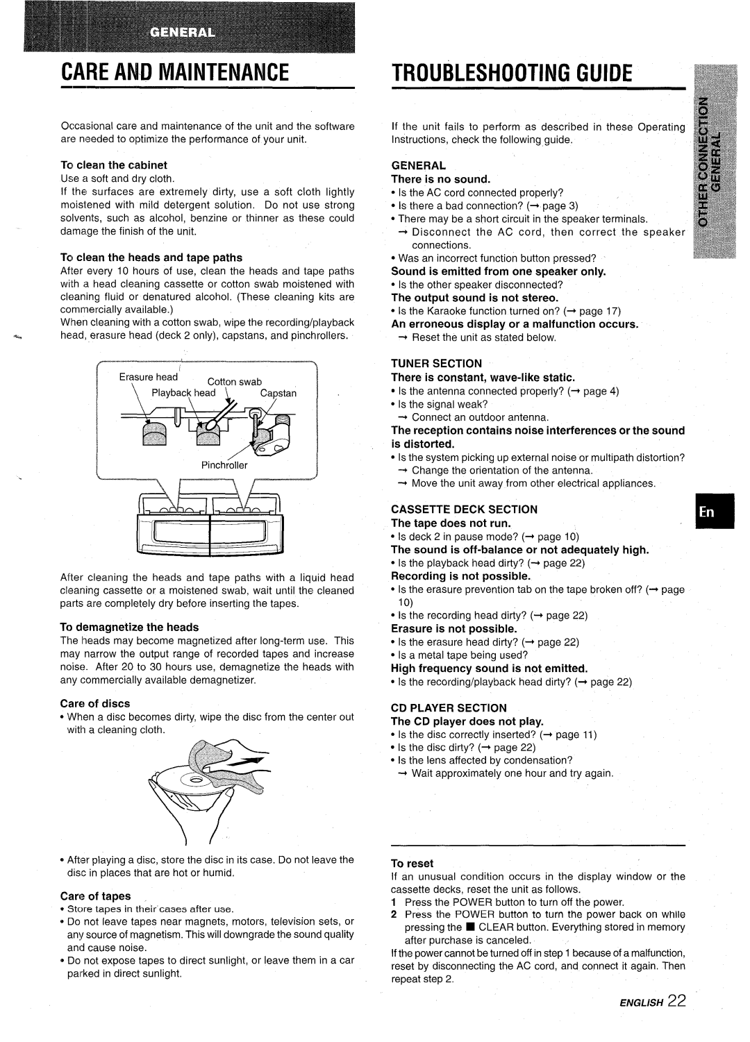 Aiwa CX-NA31 manual Care and Maintenance, Troubleshooting Guide 