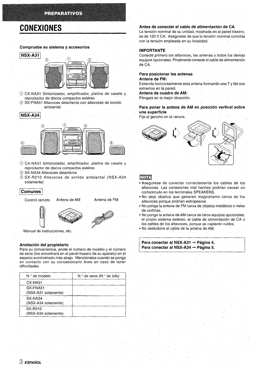 Aiwa CX-NA31 manual Conexiones, Antes de conectar el cable de alimentacion de CA, Compruebe su sistema y accesorios 