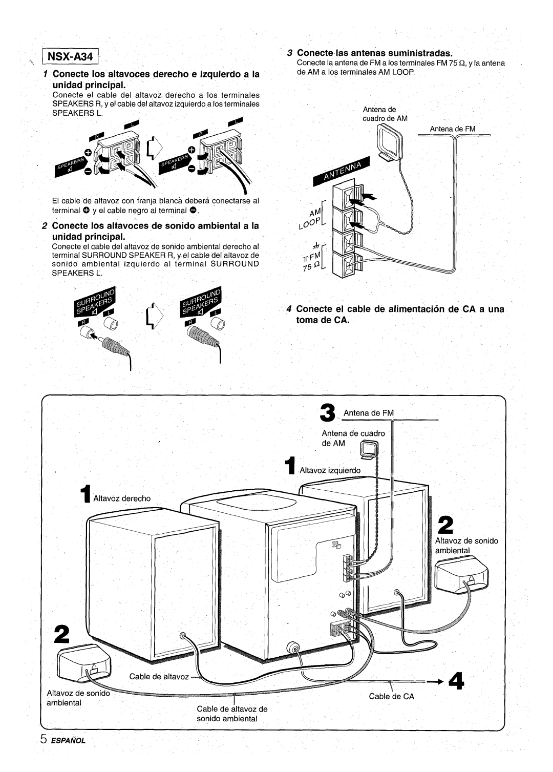 Aiwa CX-NA31 manual NSX-A34, Conecte Ias antenas suministradas, Conecte t?l cable de alimentacion de CA a una Toma de CA 