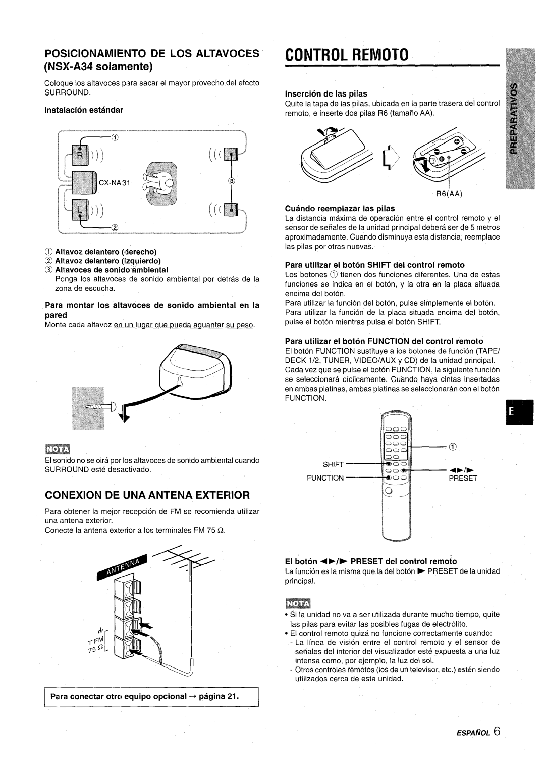 Aiwa CX-NA31 manual Control Remoto, Posicionamiento DE LOS Altavcces NS-A34 solamente, Conexion DE UNA Antena Exterior 