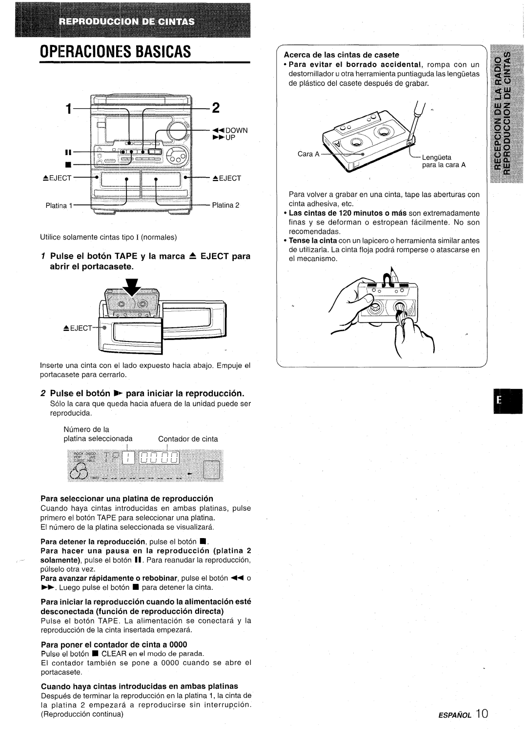 Aiwa CX-NA31 manual Opieraciones Basicas, Pulse el boton D- para iniciar la reproduction, Acerca de Ias cintas de casete 