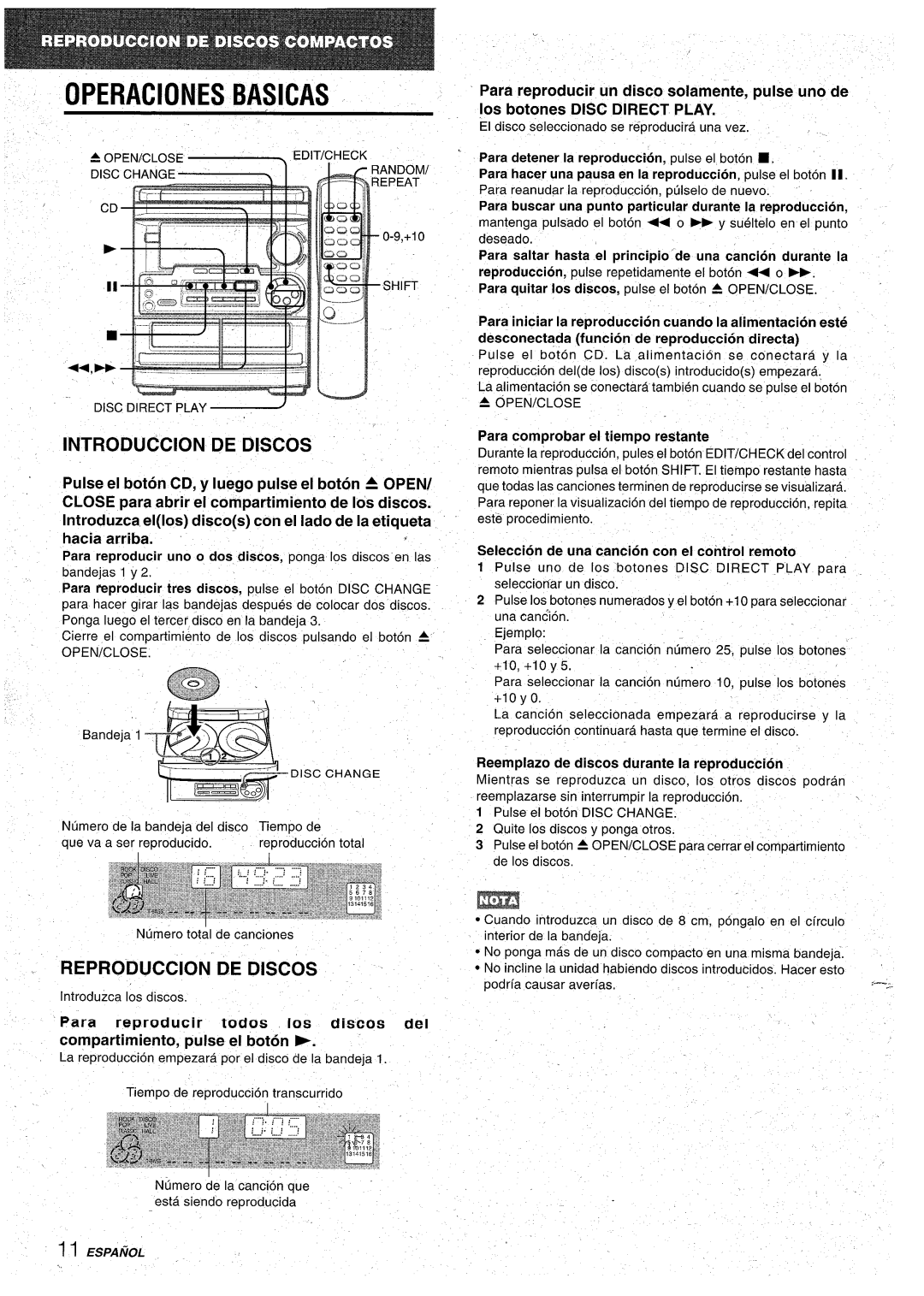 Aiwa CX-NA31 manual OPERAClONES Basicas, Introduction DE Discos, Reproduction DE Discos 