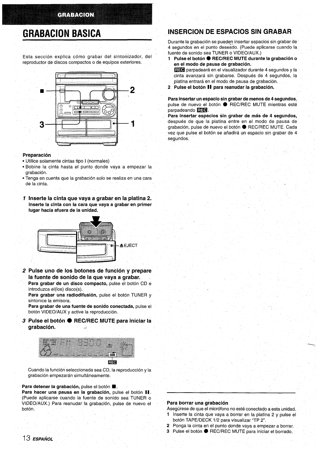 Aiwa CX-NA31 manual Grabacion Basica, Insercion DE Espacios SIN Grabar, Preparation 