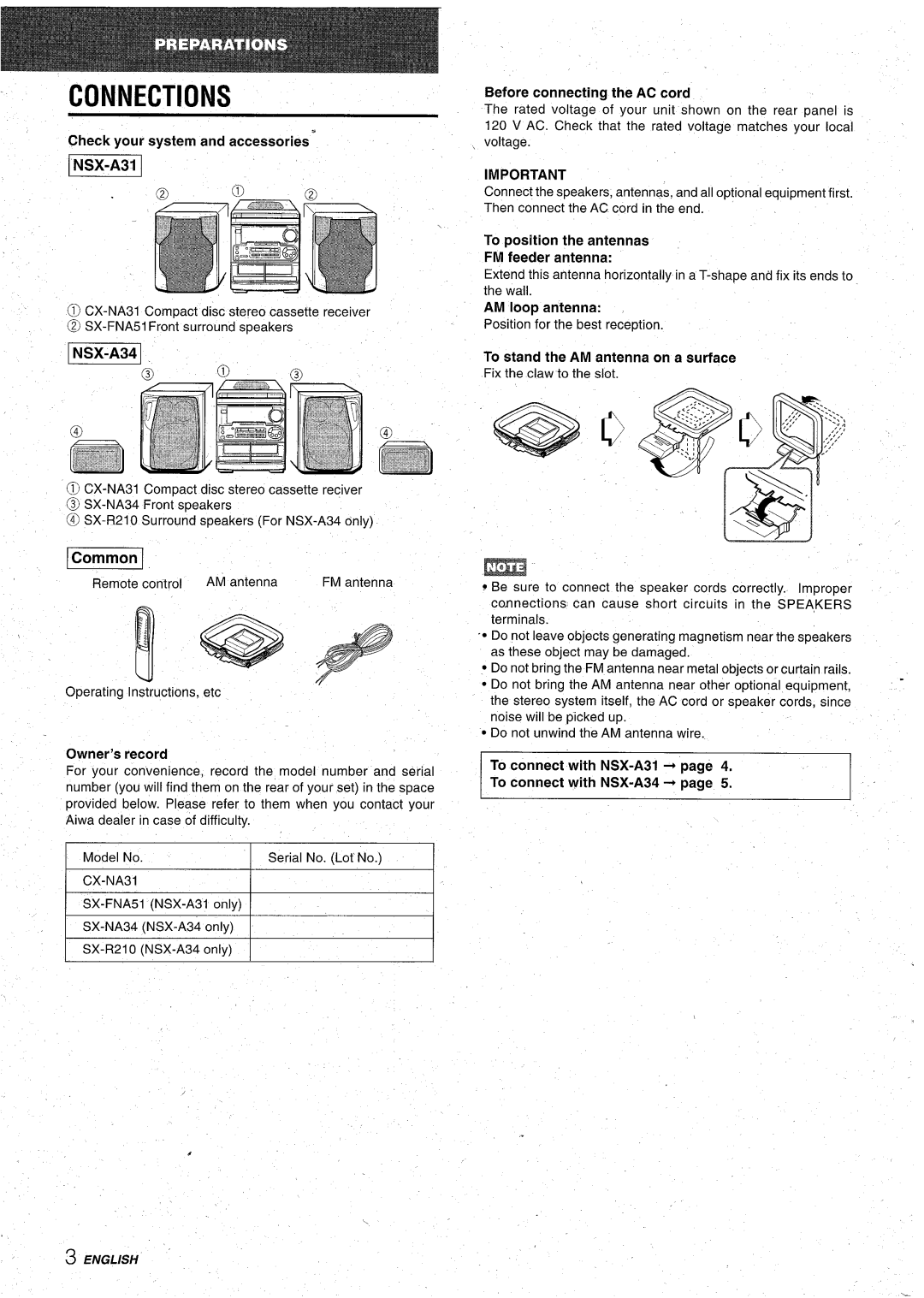 Aiwa CX-NA31 manual Connections 