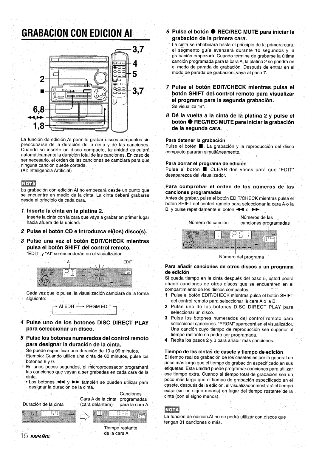 Aiwa CX-NA31 Grabacion CON Edicion Al, Inserte la cinta en la platina, Tiempo de as cintas de casete y tiempo de edition 