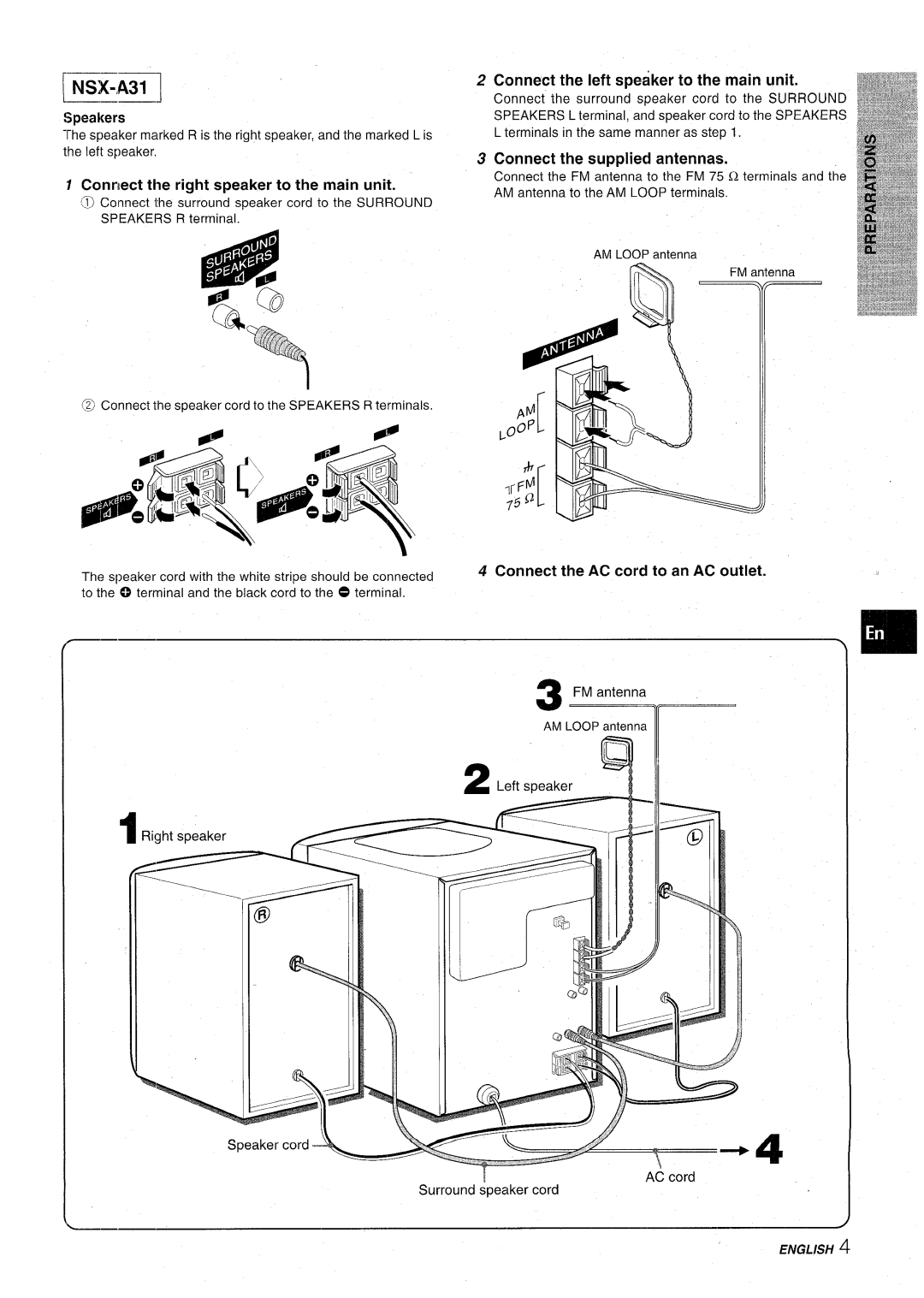 Aiwa CX-NA31 manual Connect the right speaker to the main unit, Connect the left speaker to the main unit, Speakers 