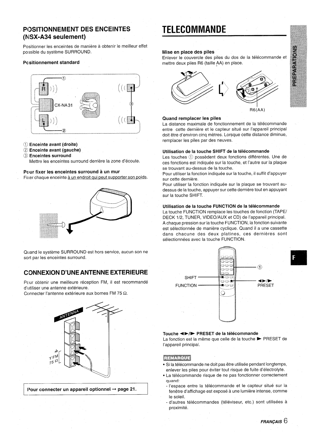 Aiwa CX-NA31 Telecoivimande, Positionnement DES Enceintes ivlSX-A34 seulement, Connexion D’UNEANTENNE Exterieure, Oc2Q 