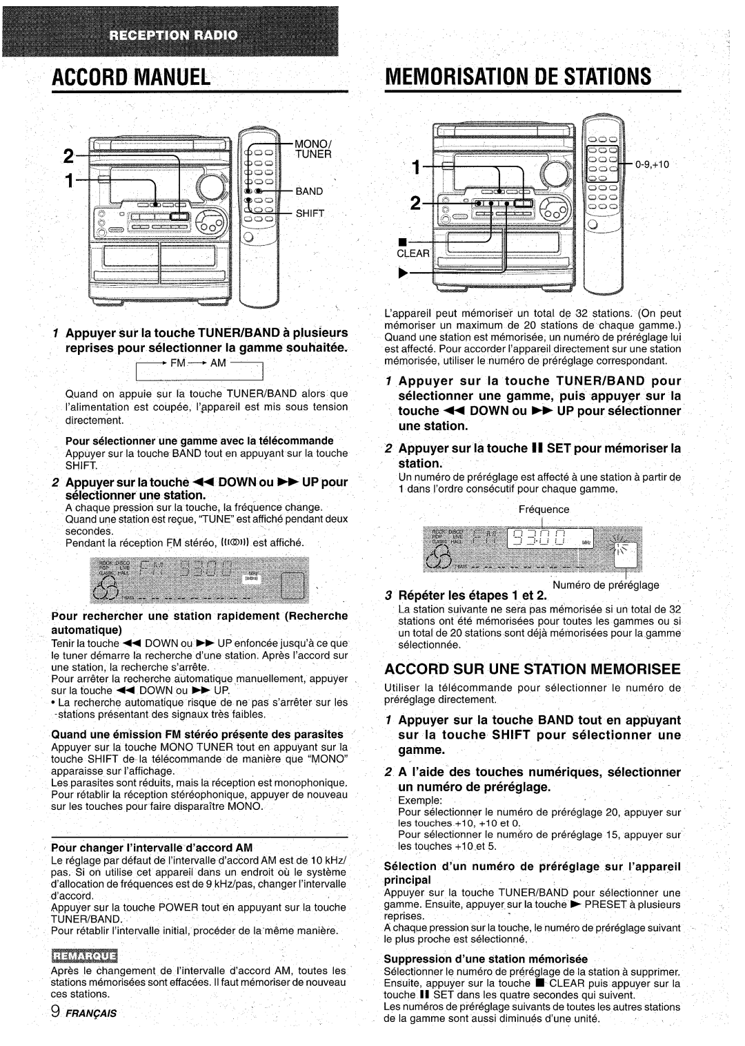 Aiwa CX-NA31 manual Accord Manuel, Memorisation DE STATiONS, Accord SUR UNE Station Memorisee, Repeter Ies etapes 1 et 