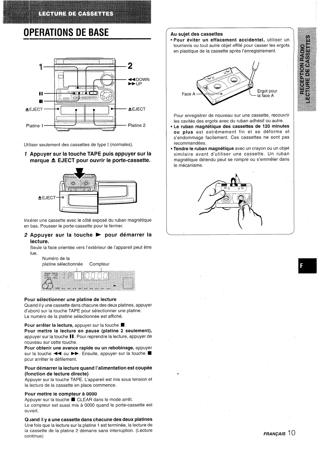 Aiwa CX-NA31 manual Opeiiations DE Base, Appuyer sur la touche pour d6marrer la lecture 