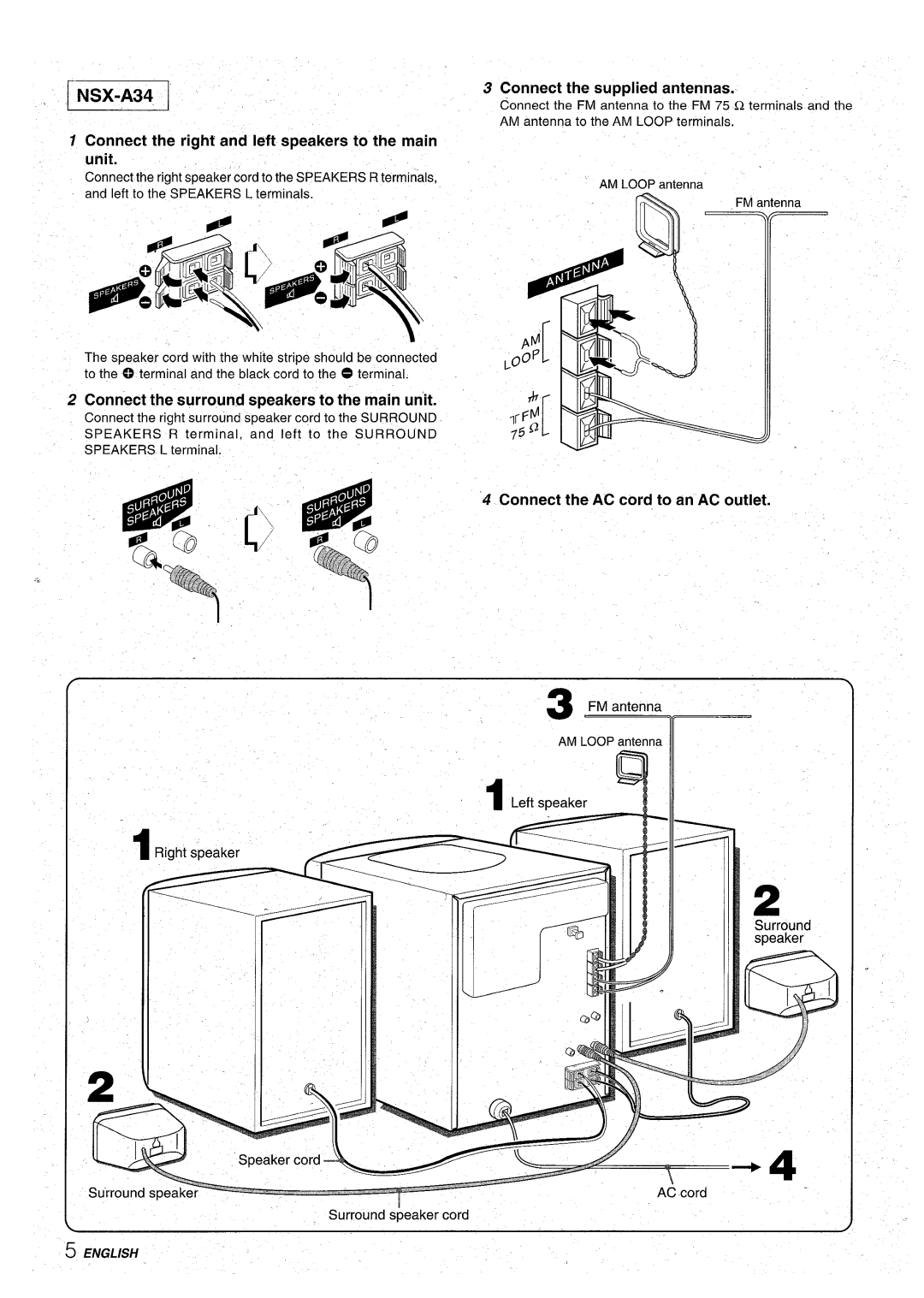 Aiwa CX-NA31 manual Connect the right and left speakers to the main unit, Connect the surround speakers to the main un’it 