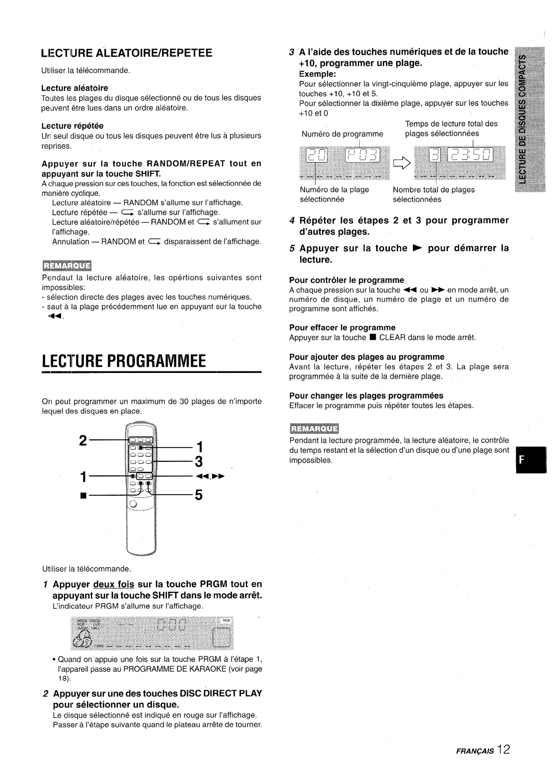 Aiwa CX-NA31 manual Lecture Programmed, Lecture ALEATOIRE/REPETEE, Appuyer deux fois sur la touche Prgm tout en 