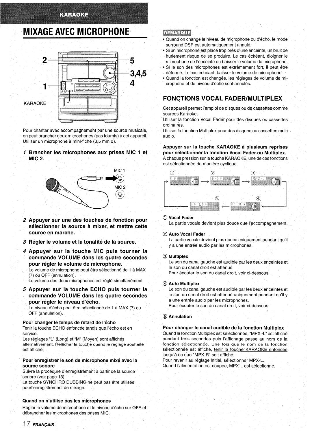 Aiwa CX-NA31 manual Mixage AVEC- Microphone, ~---. .. . . . . .= -- -- w, Fonctions Vocal Fadefumultiplex 