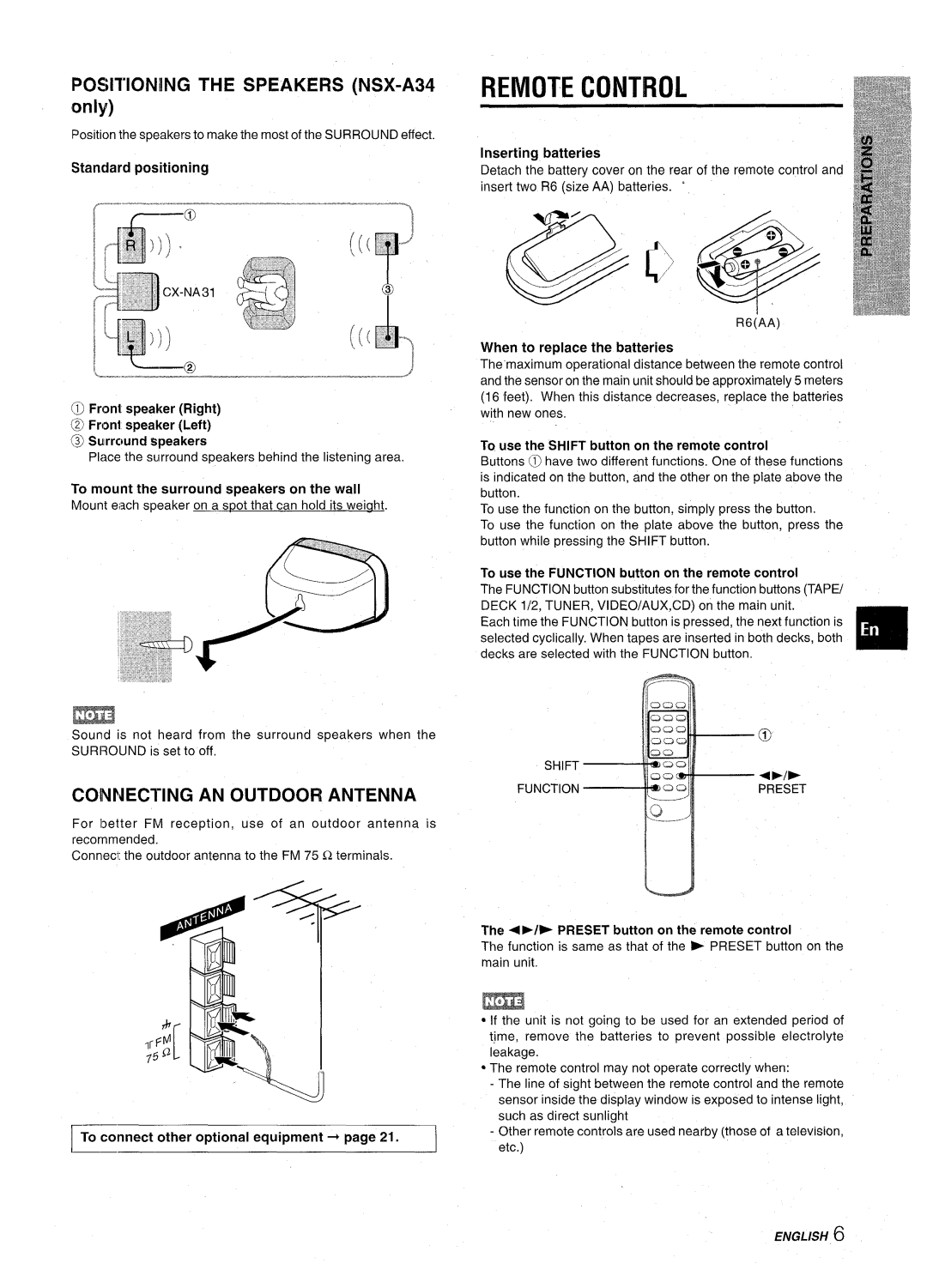 Aiwa CX-NA31 Remote Control, Positioning the Speakers NSX-A34 only, Coinnecting AN Outdoor Antenna, Standard positioning 