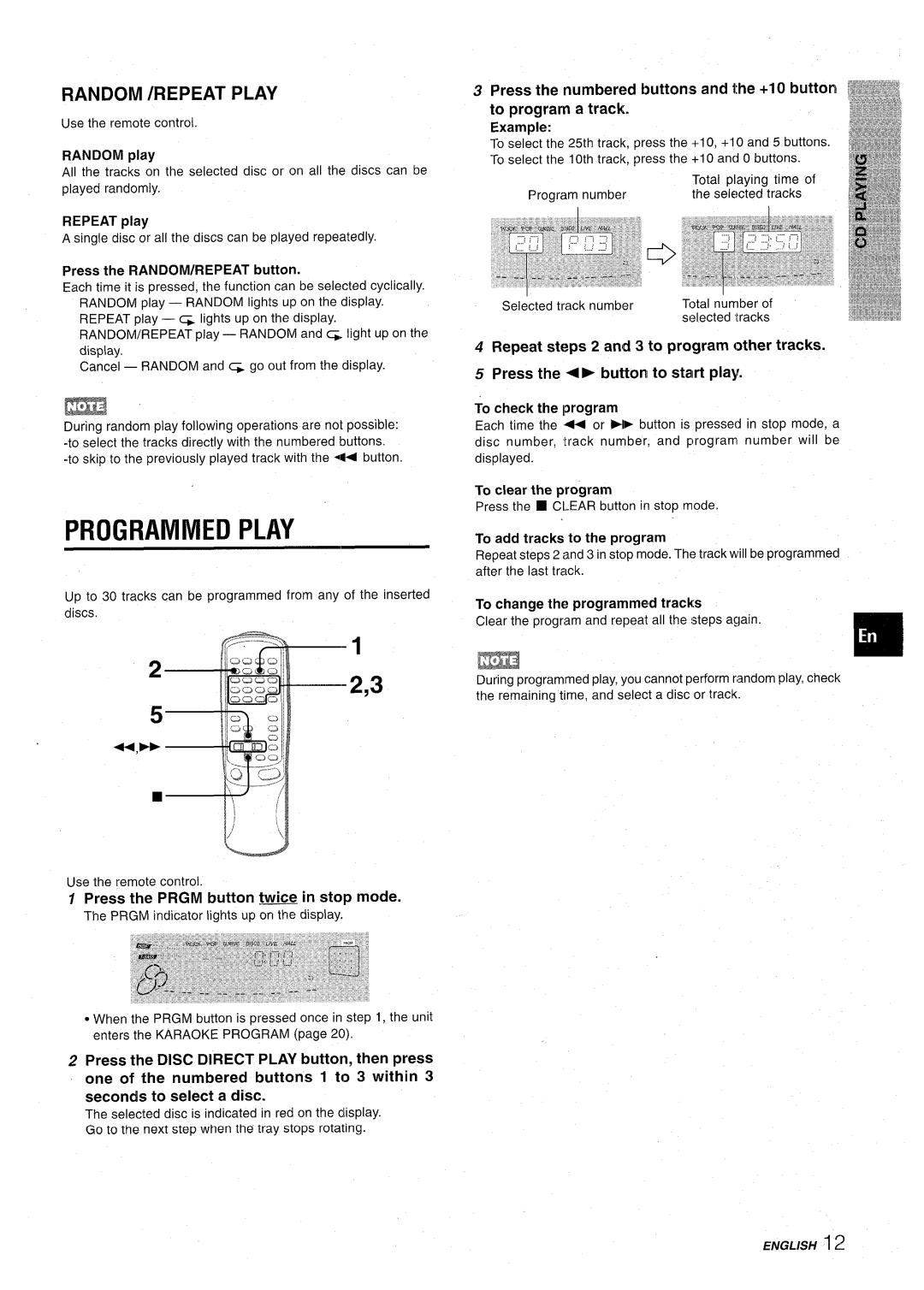 Aiwa CX-NA71 manual Programmed Play, Random /REPEAT Play, Press the Prgm button twice in stop mode 