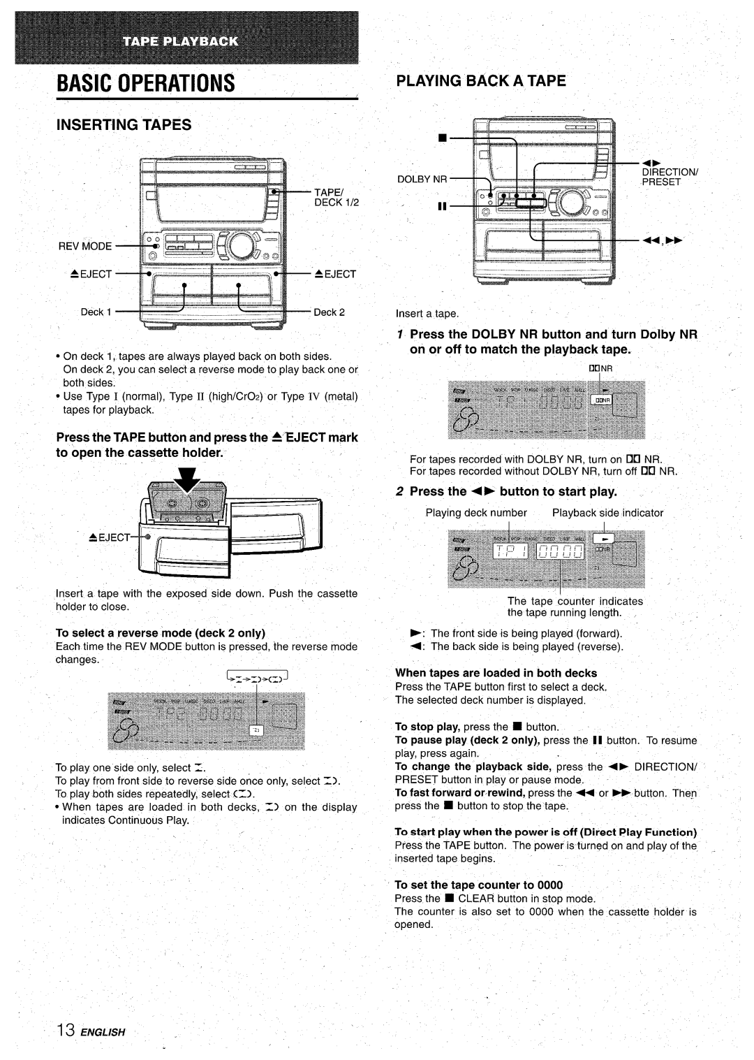 Aiwa CX-NA71 manual Basic Operations, Playing Back a Tape, To open the cassette holder, Press the button to start rdav 