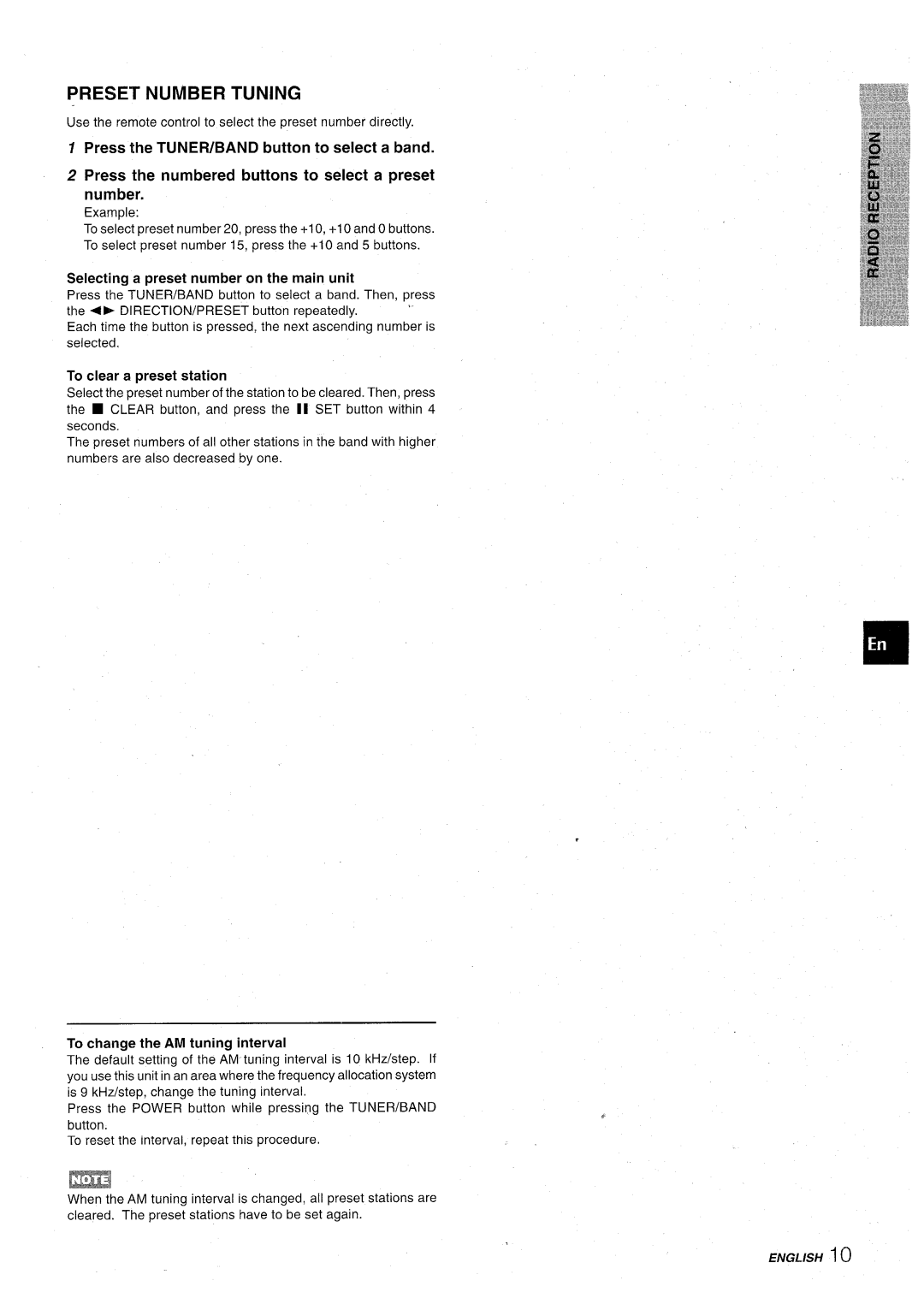 Aiwa CX-NA71 manual Preset Number Tuning, To clear a preset station, To change the AM tuning interval 