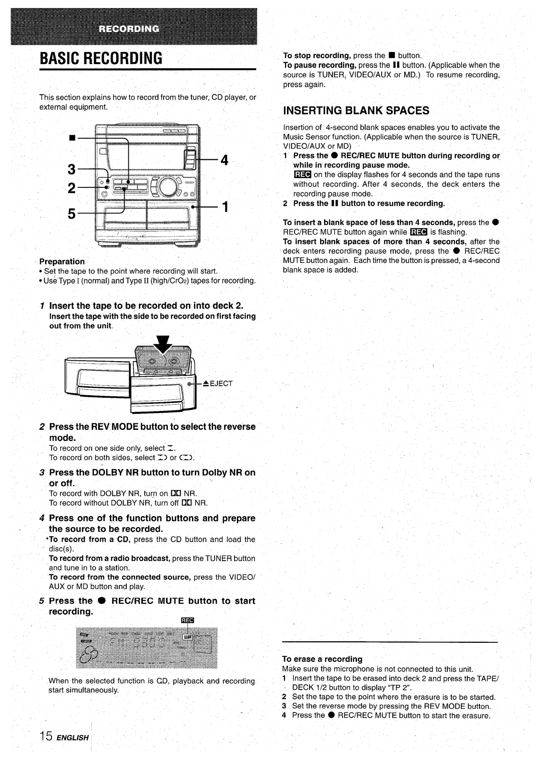 Aiwa CX-NA71 manual Basic Recording, Inserting Blank Spaces 