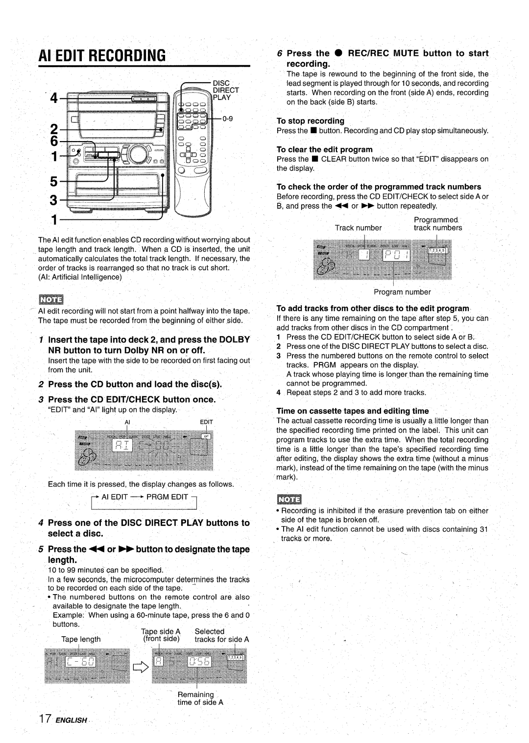 Aiwa CX-NA71 Al Edit Recording, Press the CD button and load the discs, Press the REC/REC Mute button to start recording 