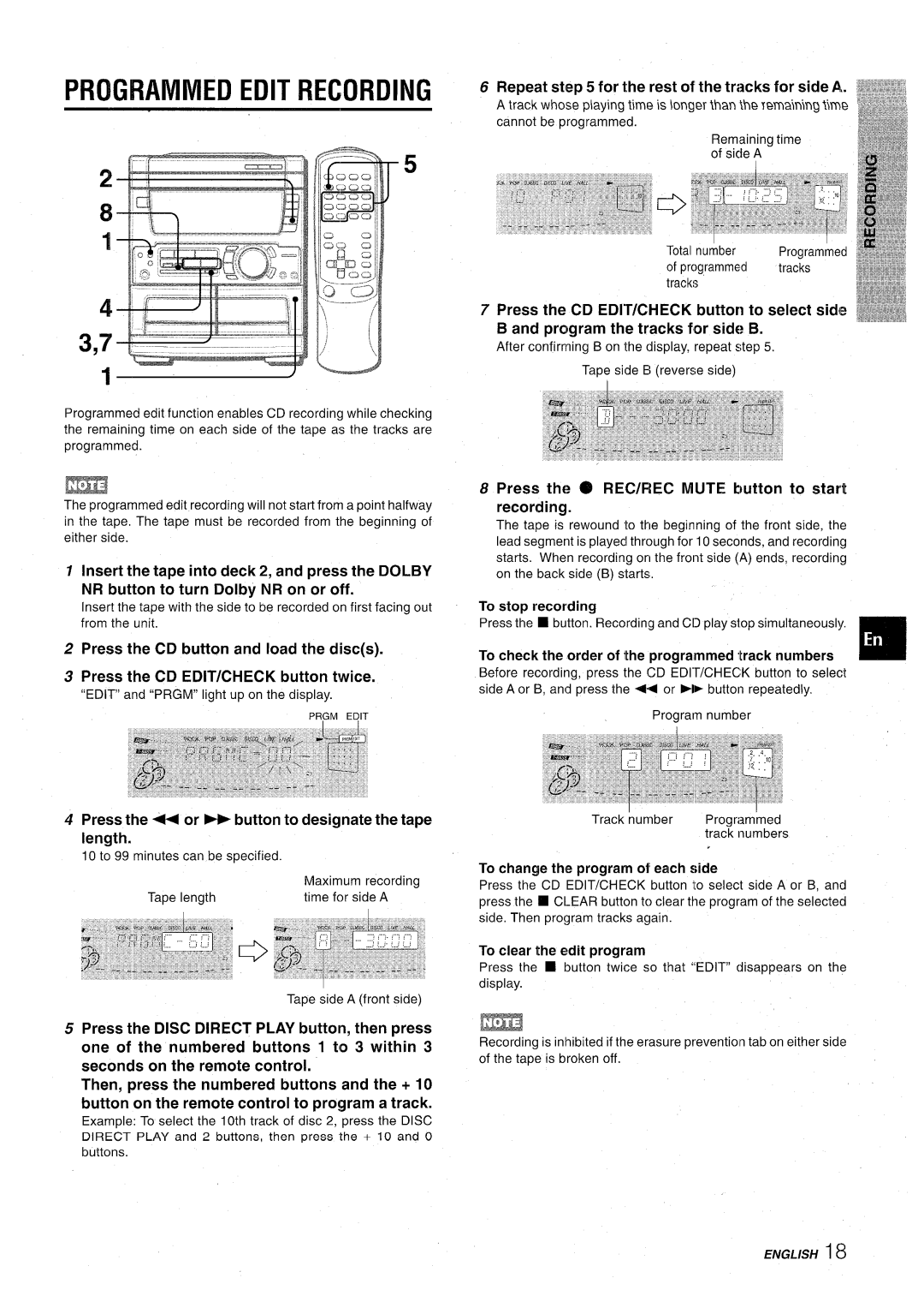 Aiwa CX-NA71 Programmed Edit Recording, Repeat for the rest of the tracks for side a, To change the program of each side 