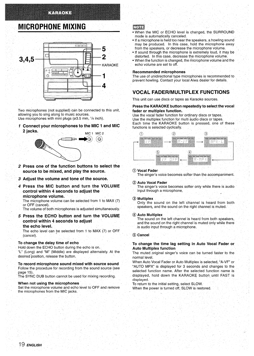 Aiwa CX-NA71 Mixing, Vocal FADER/MULTIPLEX Functions, Connect your microphones to the MIC 1 and MIC Jacks, =8.6?s, am. .= 