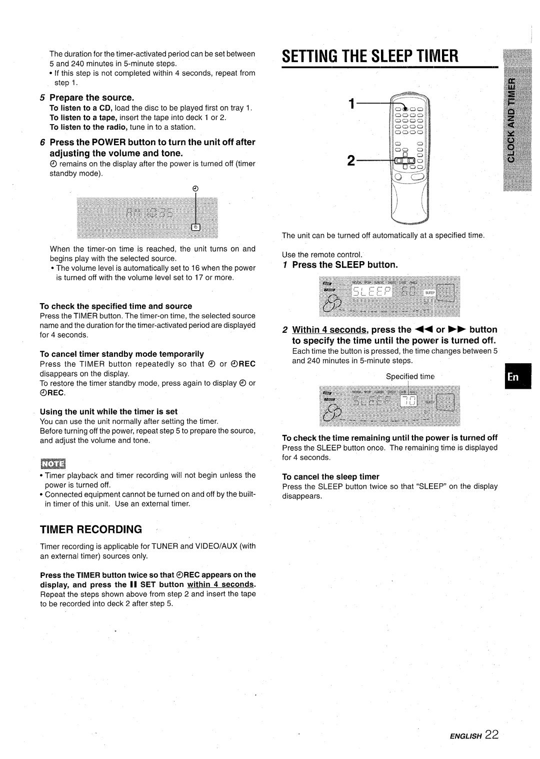 Aiwa CX-NA71 manual Setting the Sleep Tinier, Timer Recording, Prepare the source 