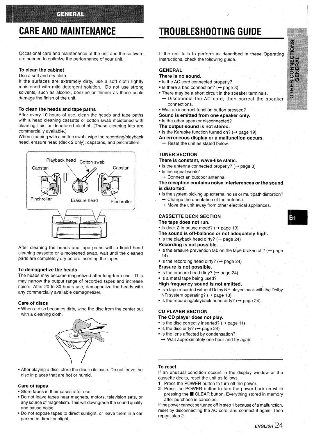 Aiwa CX-NA71 manual Care and Maintenance, Troubleshooting Guide 