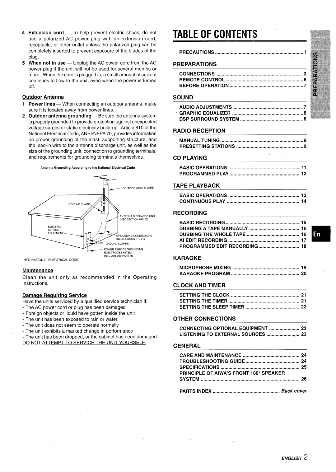 Aiwa CX-NA71 manual Table of Contents 