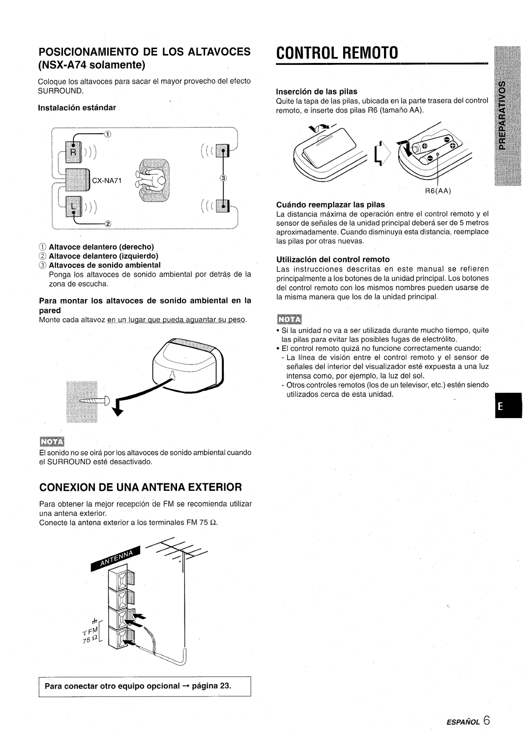 Aiwa CX-NA71 manual Control Remoto, Posicionamiento DE LOS Altavoces, Conexion DE UNA Antena Exterior, NSX-A74solamente 