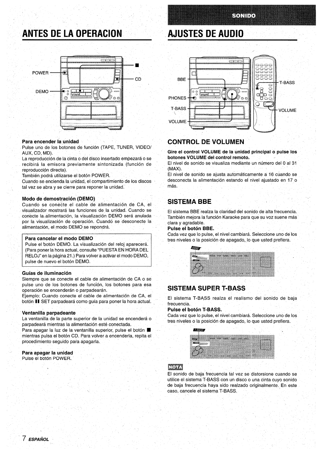 Aiwa CX-NA71 manual Antes DE LA Operacion, Ajustes DE Audio, Control Devolumen, Sistema BBE, Sistema Super T-BASS 