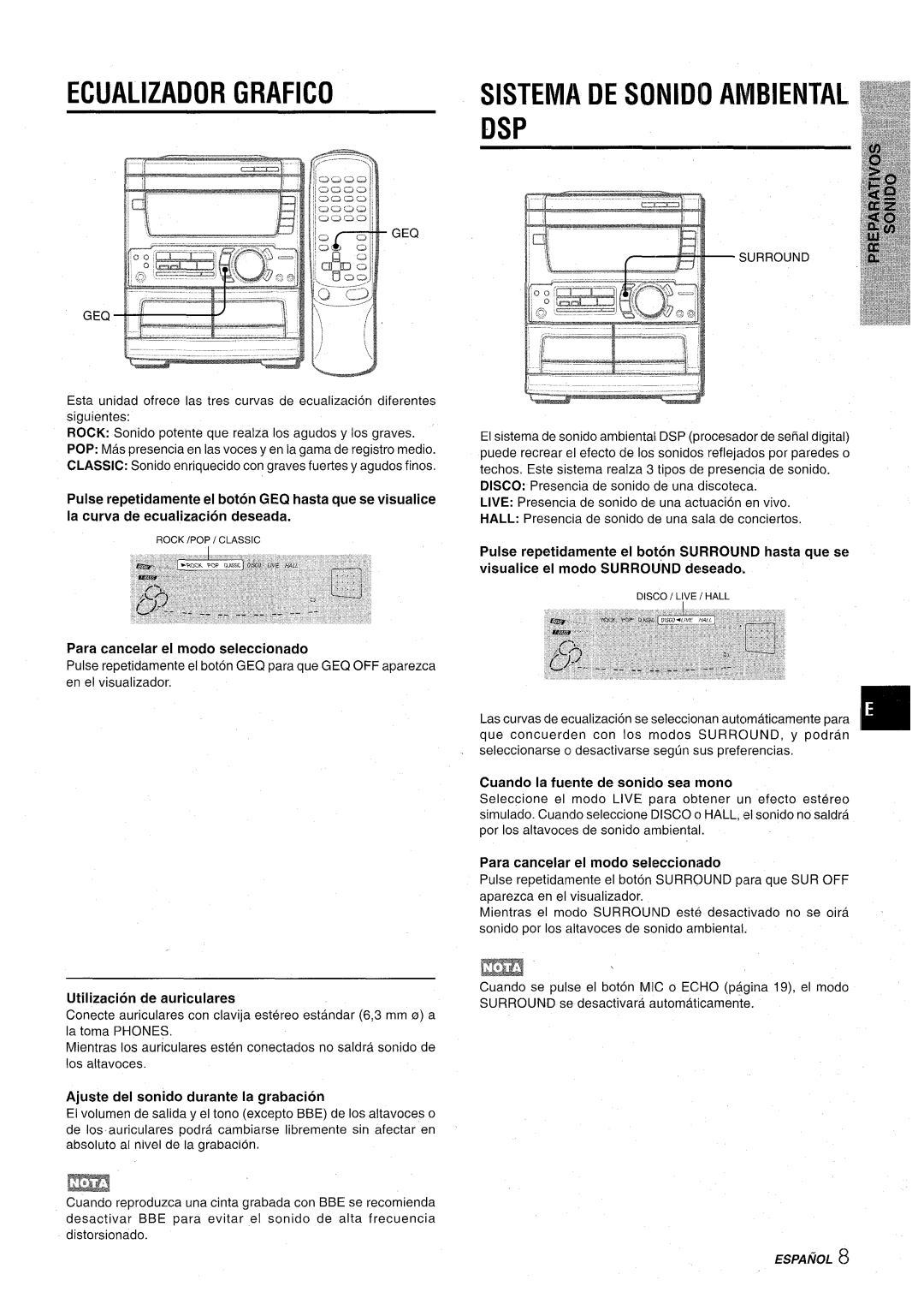 Aiwa CX-NA71 manual Ecualizador Grafico, Sistema DE Sonido AMBIENTAlm, Dsp 