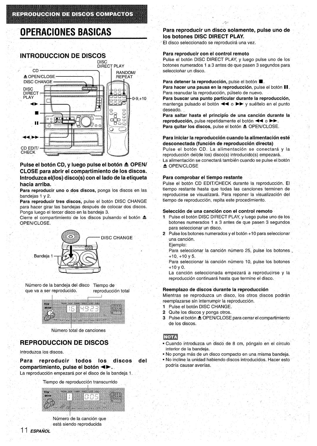 Aiwa CX-NA71 manual OPERAClONES Basicas, Reproduction DE Discos, Seleccion de una cancion con el control remoto 