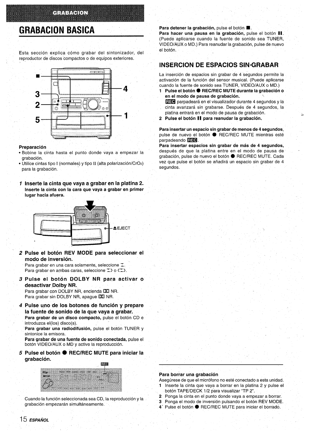 Aiwa CX-NA71 Grabacion Basica, Insercion DE Espacios Sinsgrabar, Pulse el boton REQ/REC Mute para iniciar la arabacion 