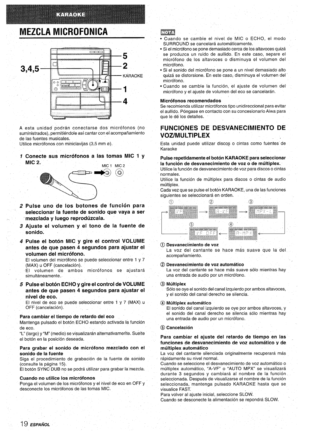 Aiwa CX-NA71 Mezcla Microfonica, Conecte sus microfonos a Ias tomas MIC 1 Y MIC, Para cambiar el tiempo de retardo del eco 