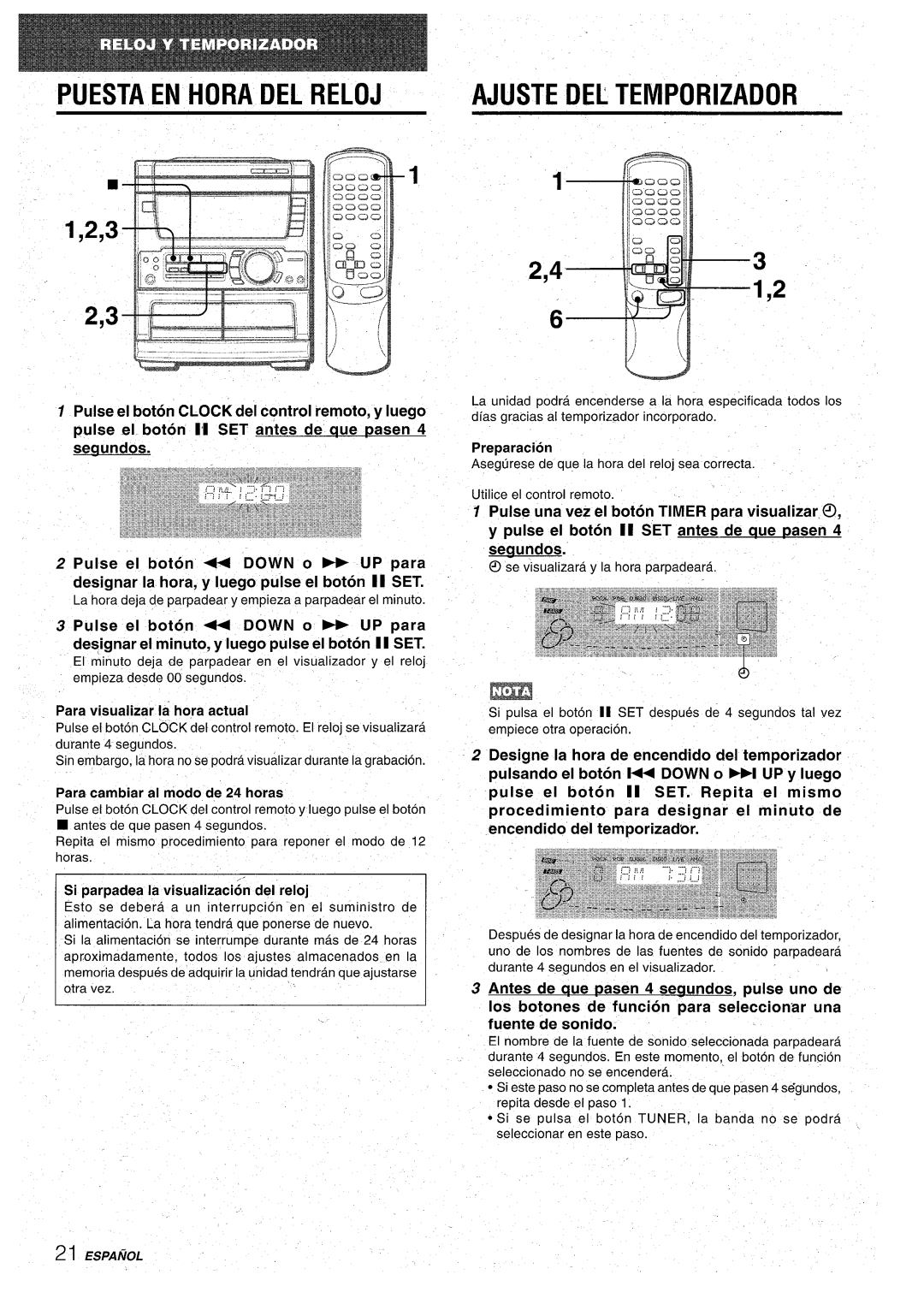 Aiwa CX-NA71 manual Puesta EN Hora DEL Reloj, Ajuste DEL Temporizador, Para visualizer la hors actual 