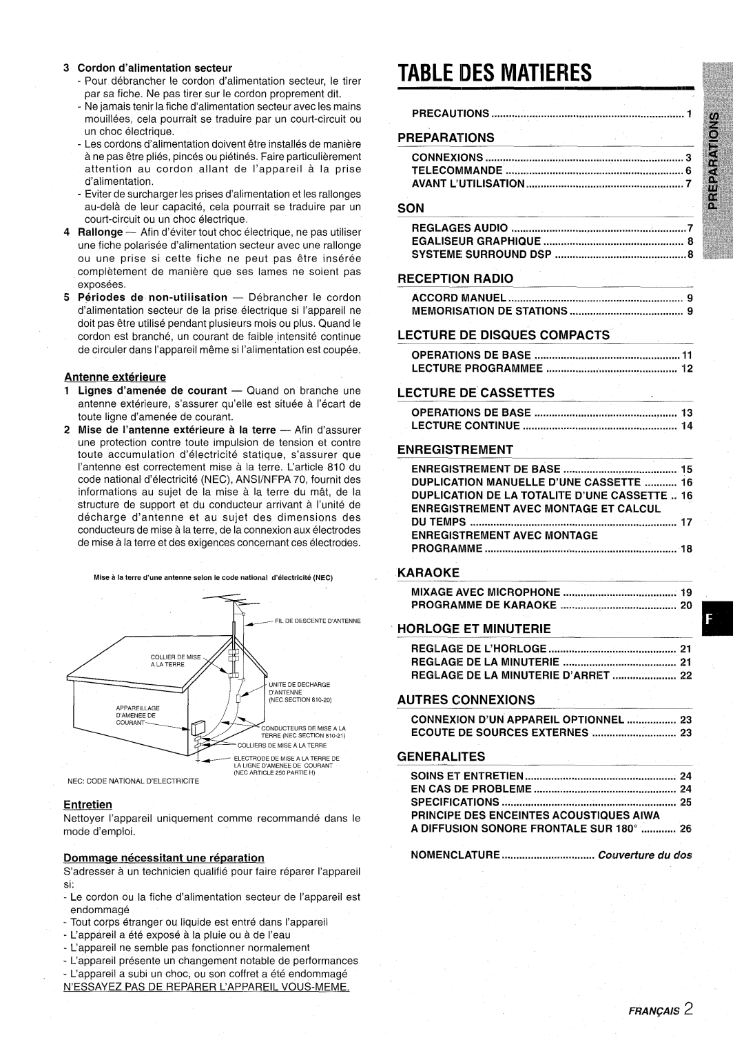 Aiwa CX-NA71 manual Idesmatieres, Antenne exterieure, Entretien, Cordon d’alimentation secteur, Manuelle D’lJNE Cassette 