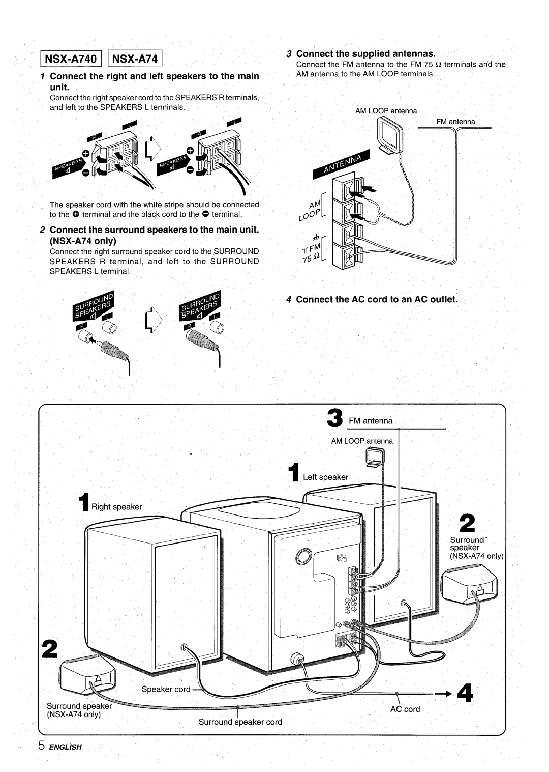 Aiwa CX-NA71 manual Connect the right and left speakers to the main unit, Connect thesupplied antennas 