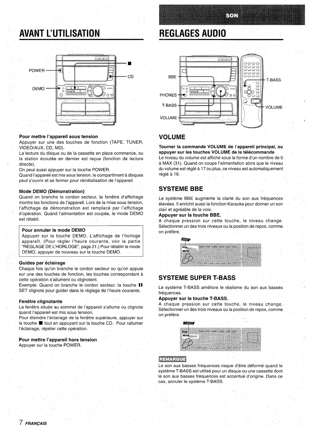 Aiwa CX-NA71 manual Avant L’UTILISATION, Reglages Audio, Systeme BBE, Systeme Super T-BASS 