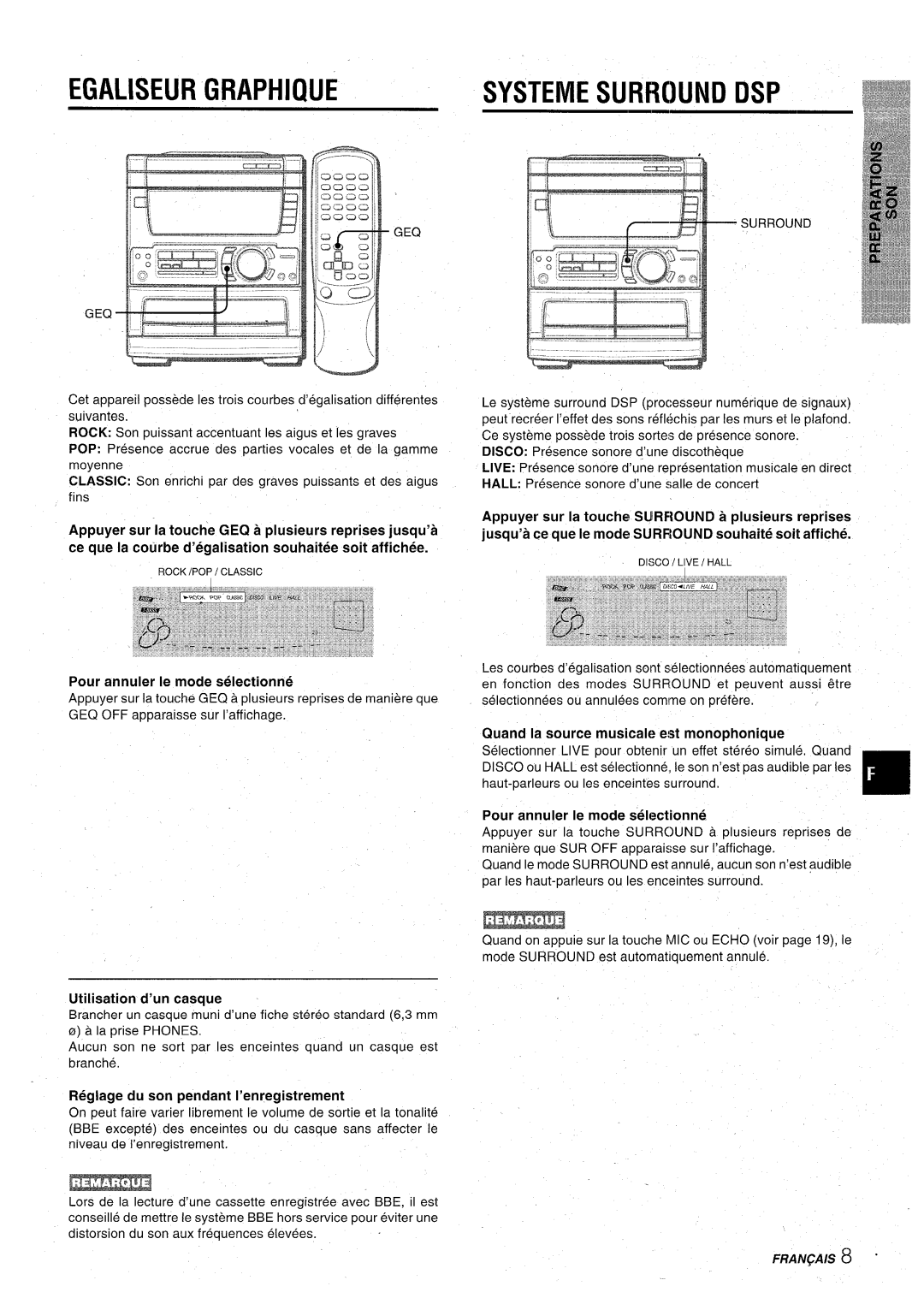 Aiwa CX-NA71 manual Egaliseur Graphique, Systeme Surround DSP, ‘uRROuND 