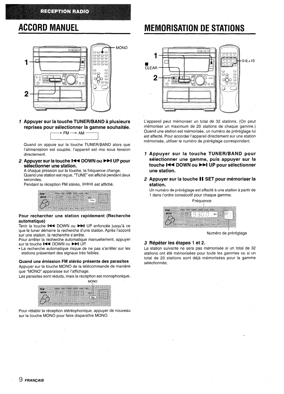 Aiwa CX-NA71 manual Accord Manuel, Repeter Ies etapes 1 et, Quand une emission FM stereo presente des parasites, Clear 