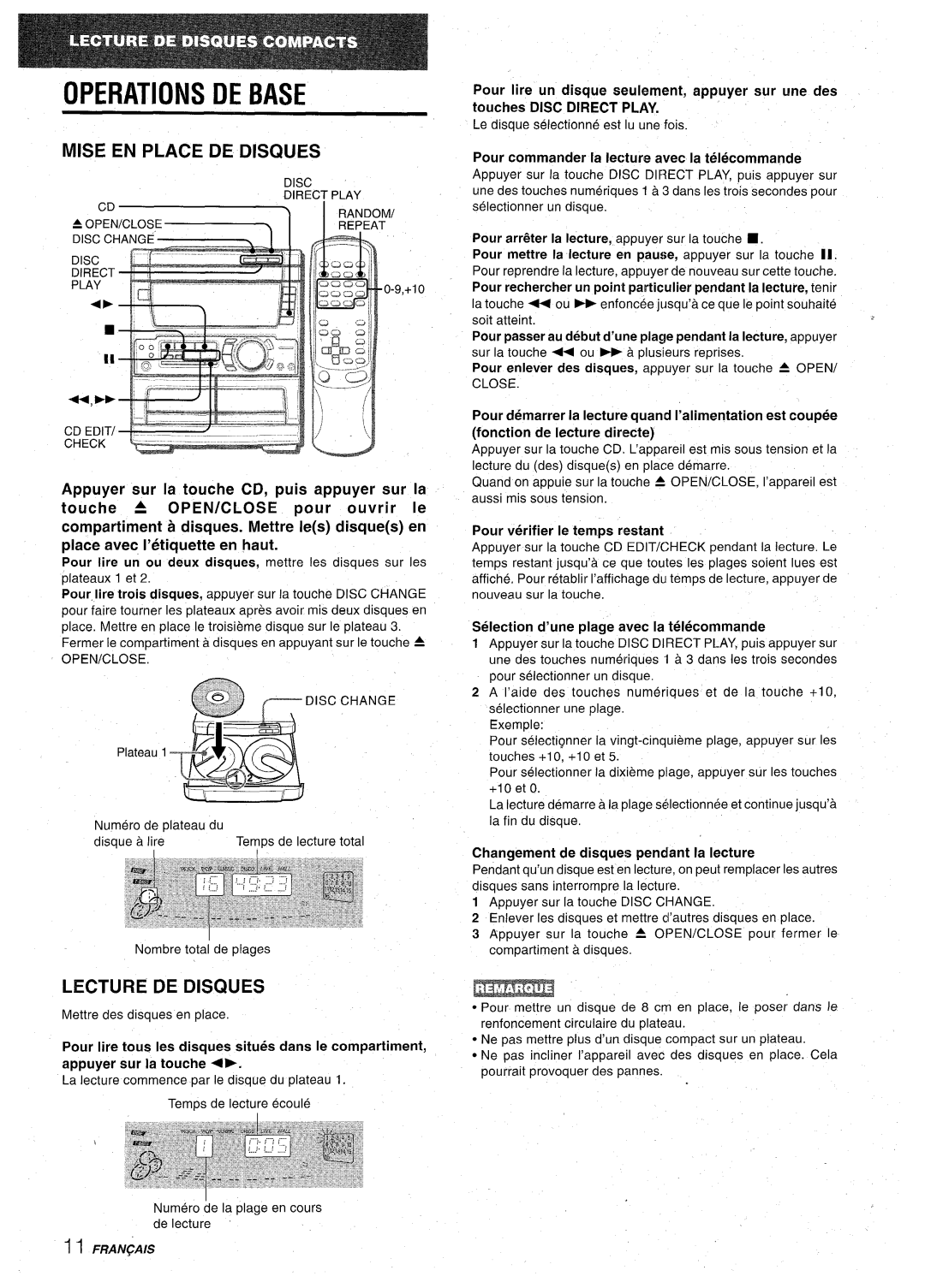 Aiwa CX-NA71 manual Operations DE Base, Mise EN Place DE Disques, Lecture DE Disques 