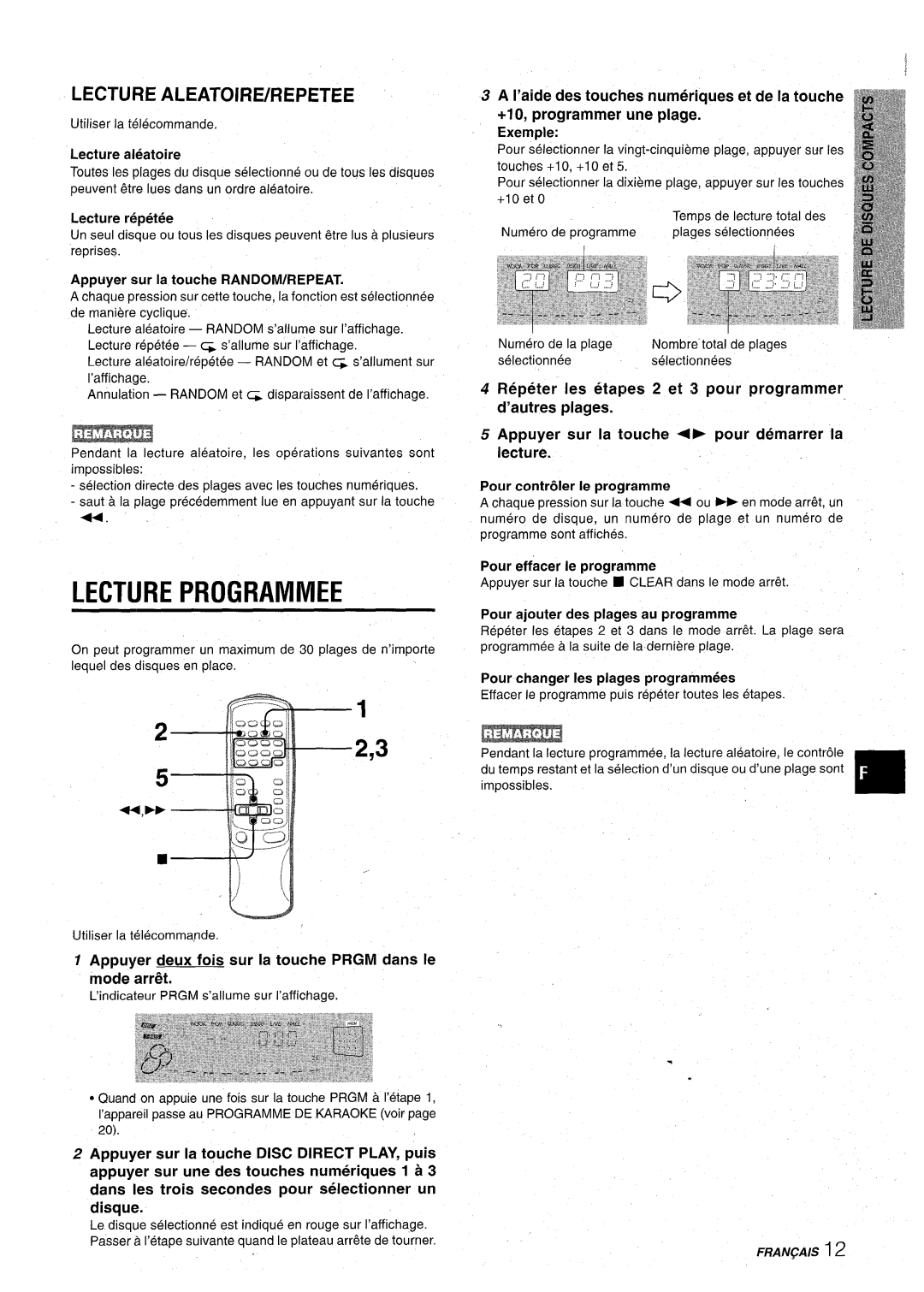 Aiwa CX-NA71 Lecture Programmed, Lecture ALEATOIRE/REPETEE, Appuyer deux fois sur la touche Prgm clans Ie mode arri$t 