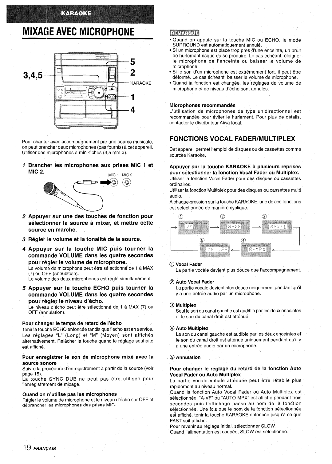 Aiwa CX-NA71 manual Mixage Avec Microphone, Fonctions Vocal FADER/MULTIPLEX, Brancher Ies microphones aux prises MIC 1 et 