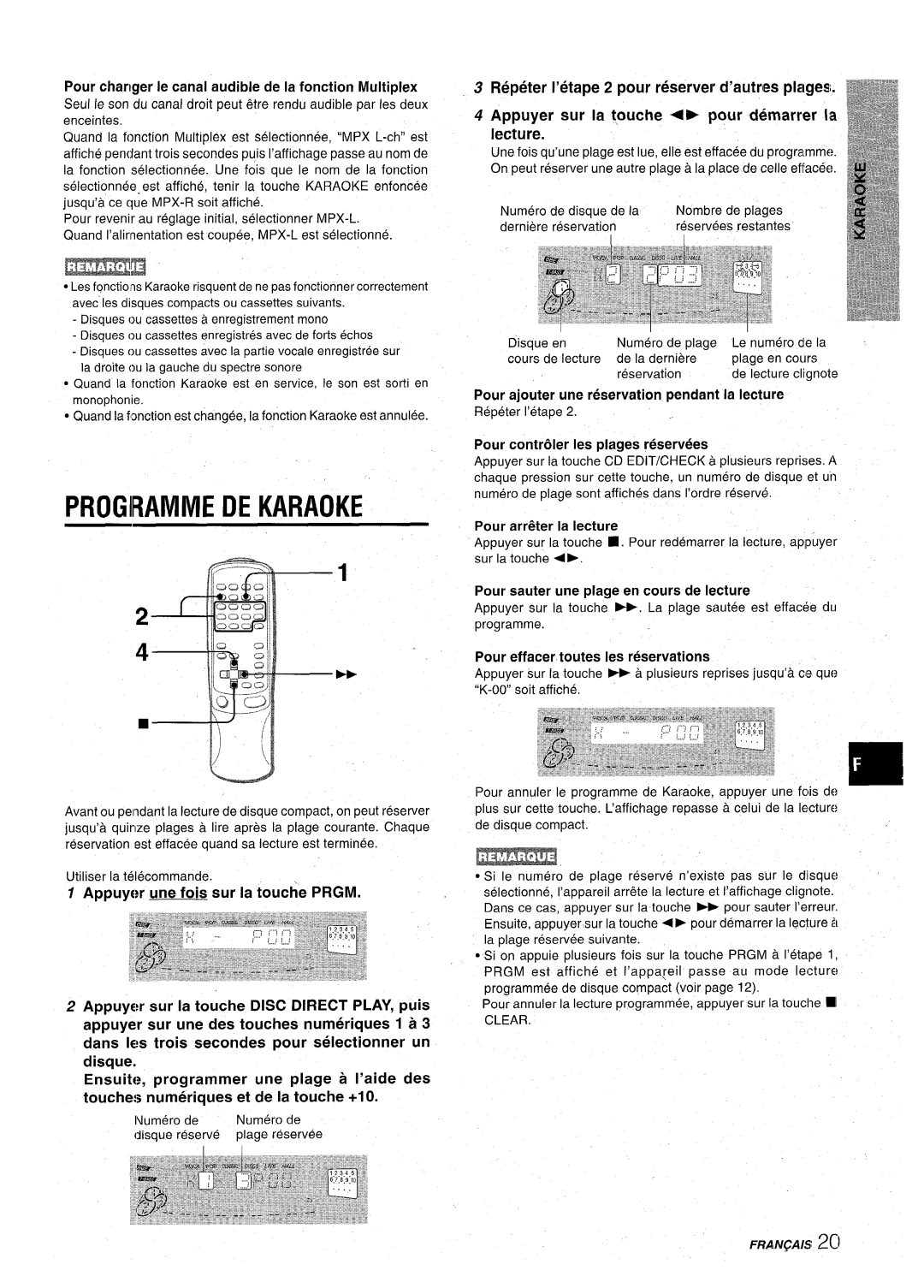 Aiwa CX-NA71 manual Progiramme DE Karaoke, Pour charger Ie canal audible de la fonction Multiplex 