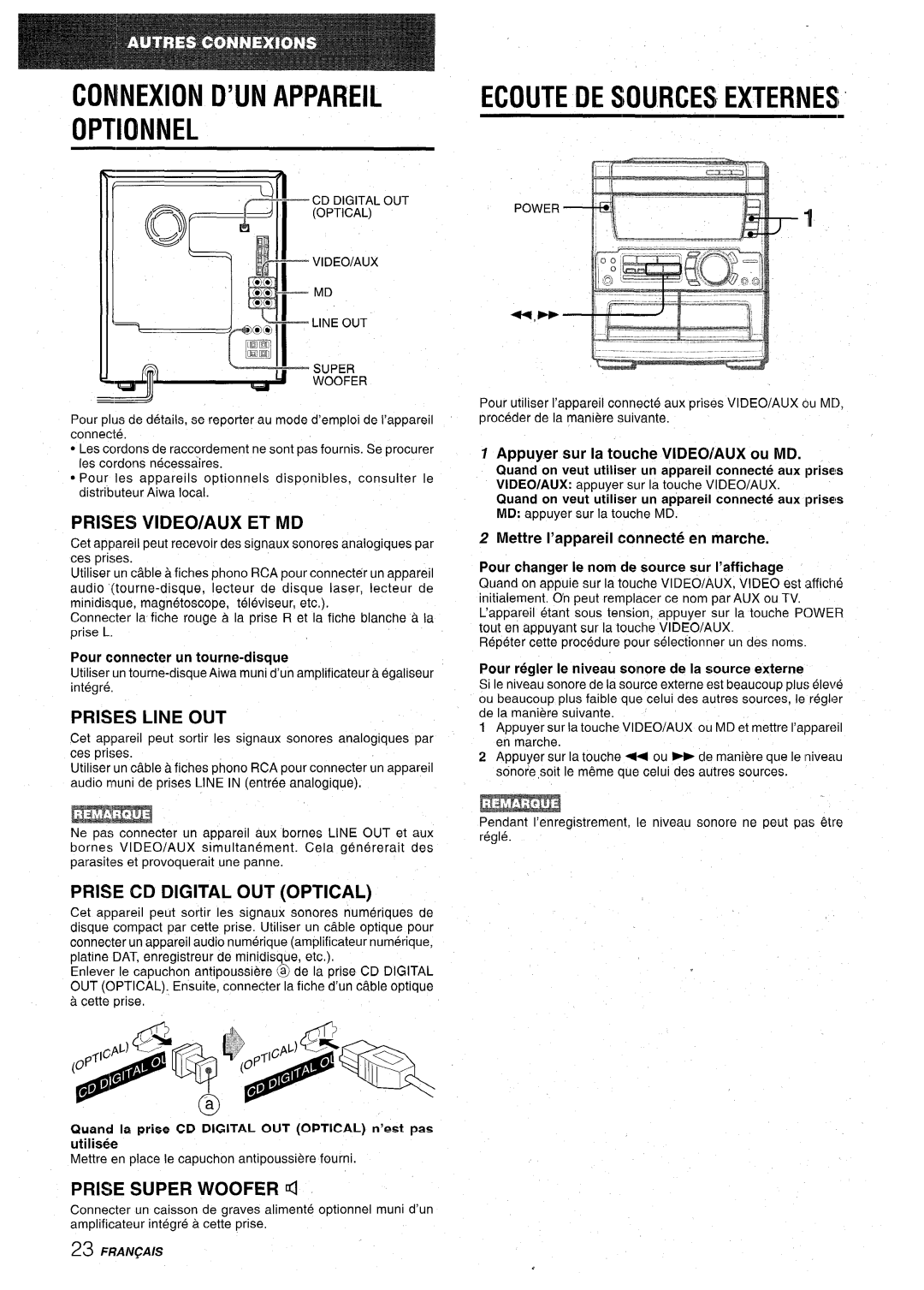 Aiwa CX-NA71 Coninexion D’UN Appareil Optionnel, Ecoute DE SOU.RCES Externes, Prises VIDEO/AUX ET MD, Prises Line OUT 