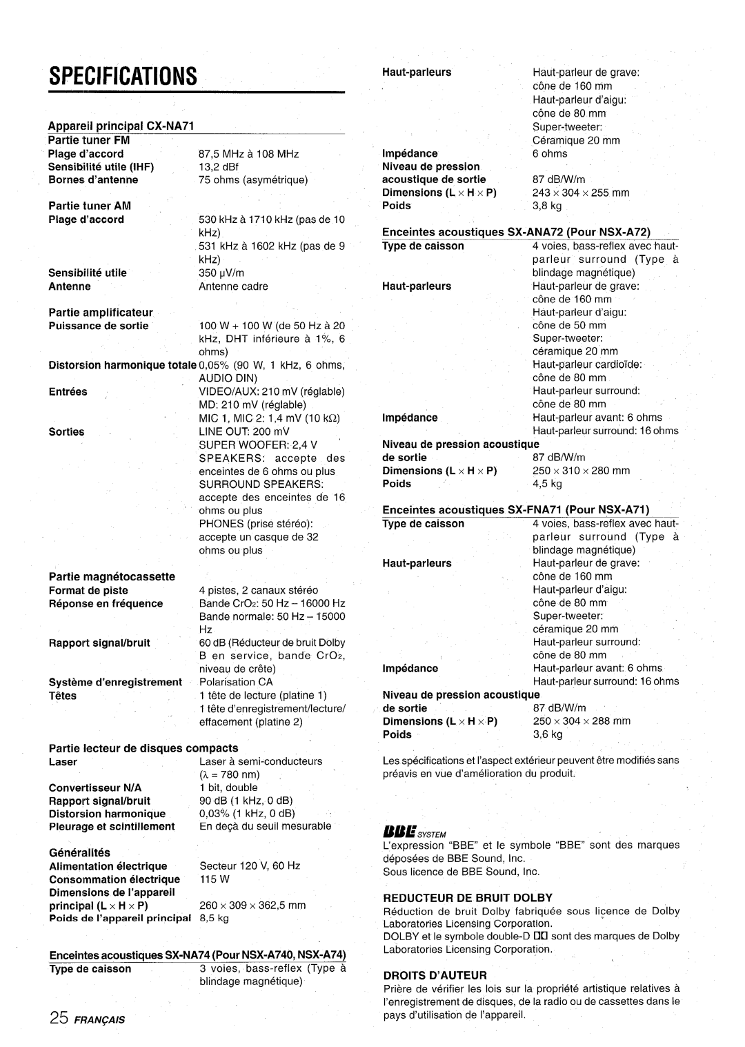 Aiwa CX-NA71 Entrees, Partie, De piste, Reponse en frequence, Rapport Signal/bruit, ’enregistrement, Tetes, Haut-parleurs 