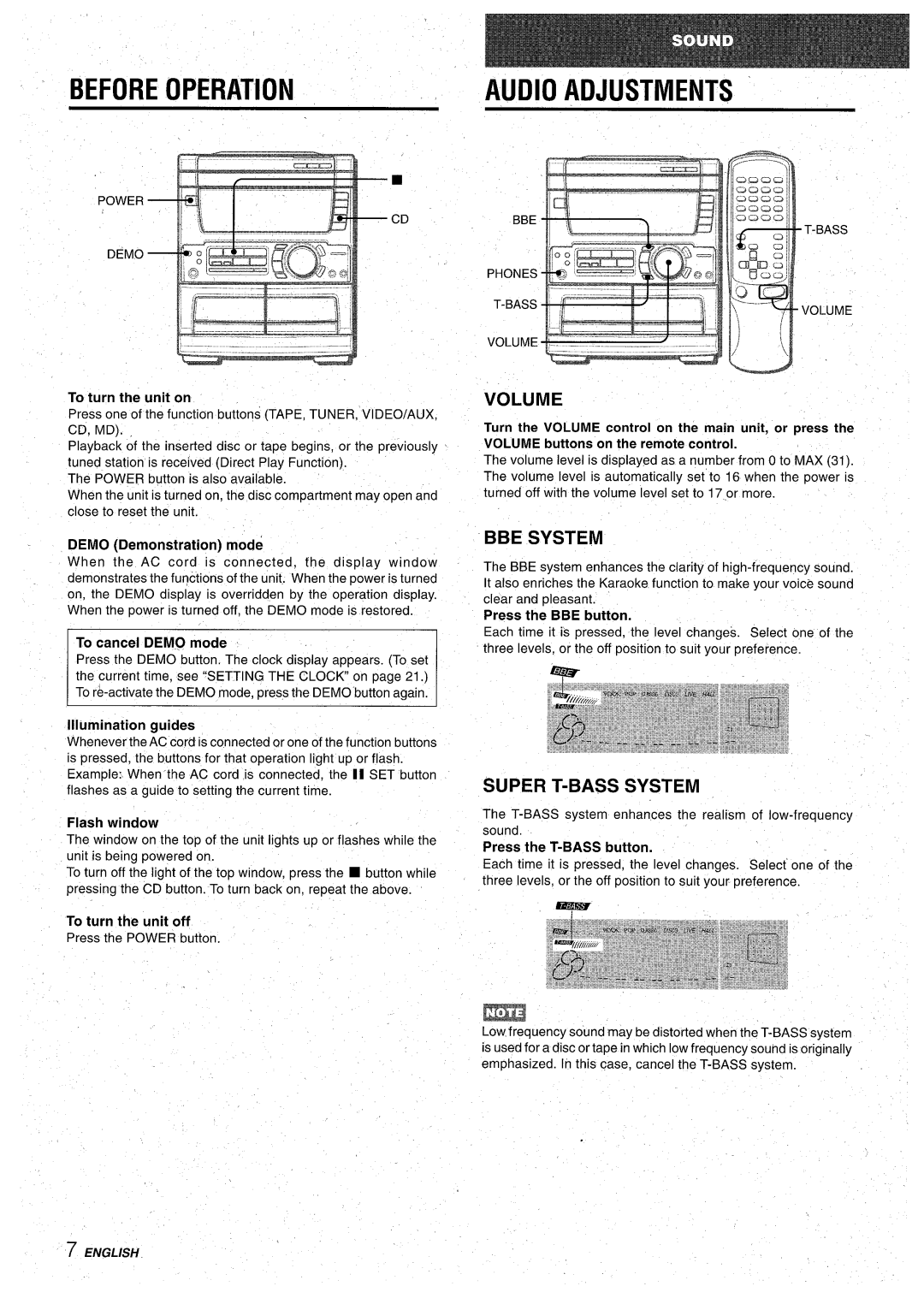 Aiwa CX-NA71 manual Before Operation, Volume, BBE System, Super T-BASS System 