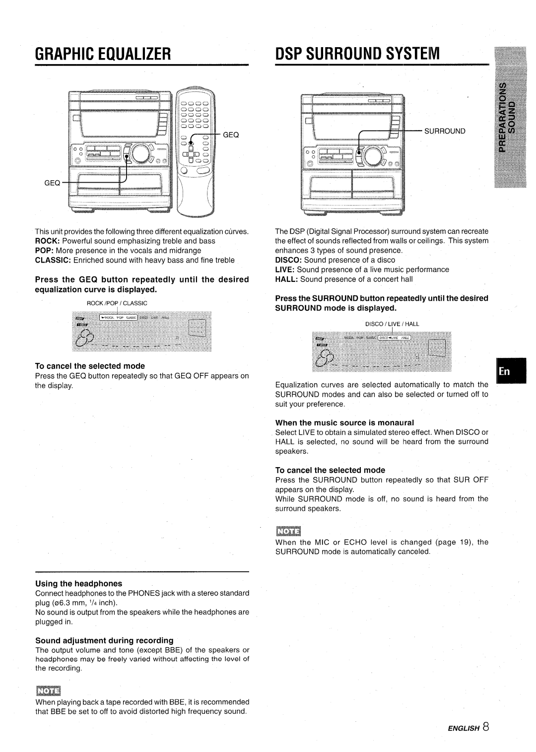 Aiwa CX-NA71 manual Graphic Equalizer, To cancel the selected mode, Using the headphones, Sound adjustment during recording 