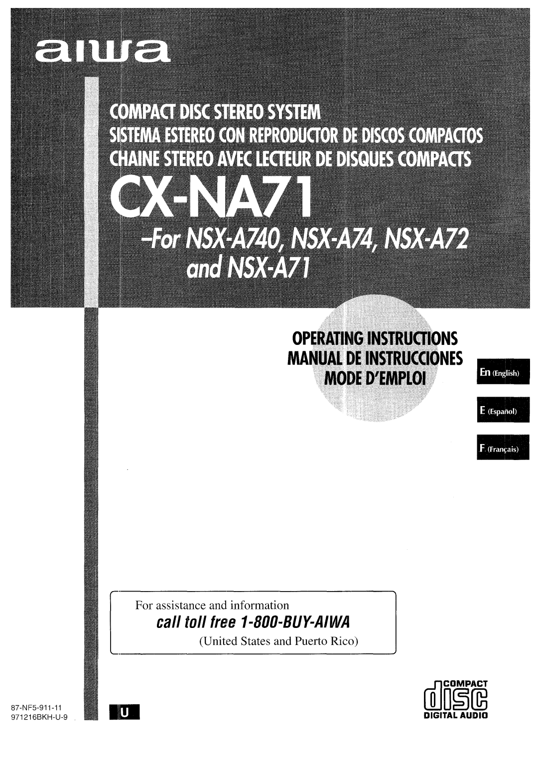 Aiwa CX-NA71 manual For assistance and information, United States and Puerto Rico, Digital Audio, dliIEii 