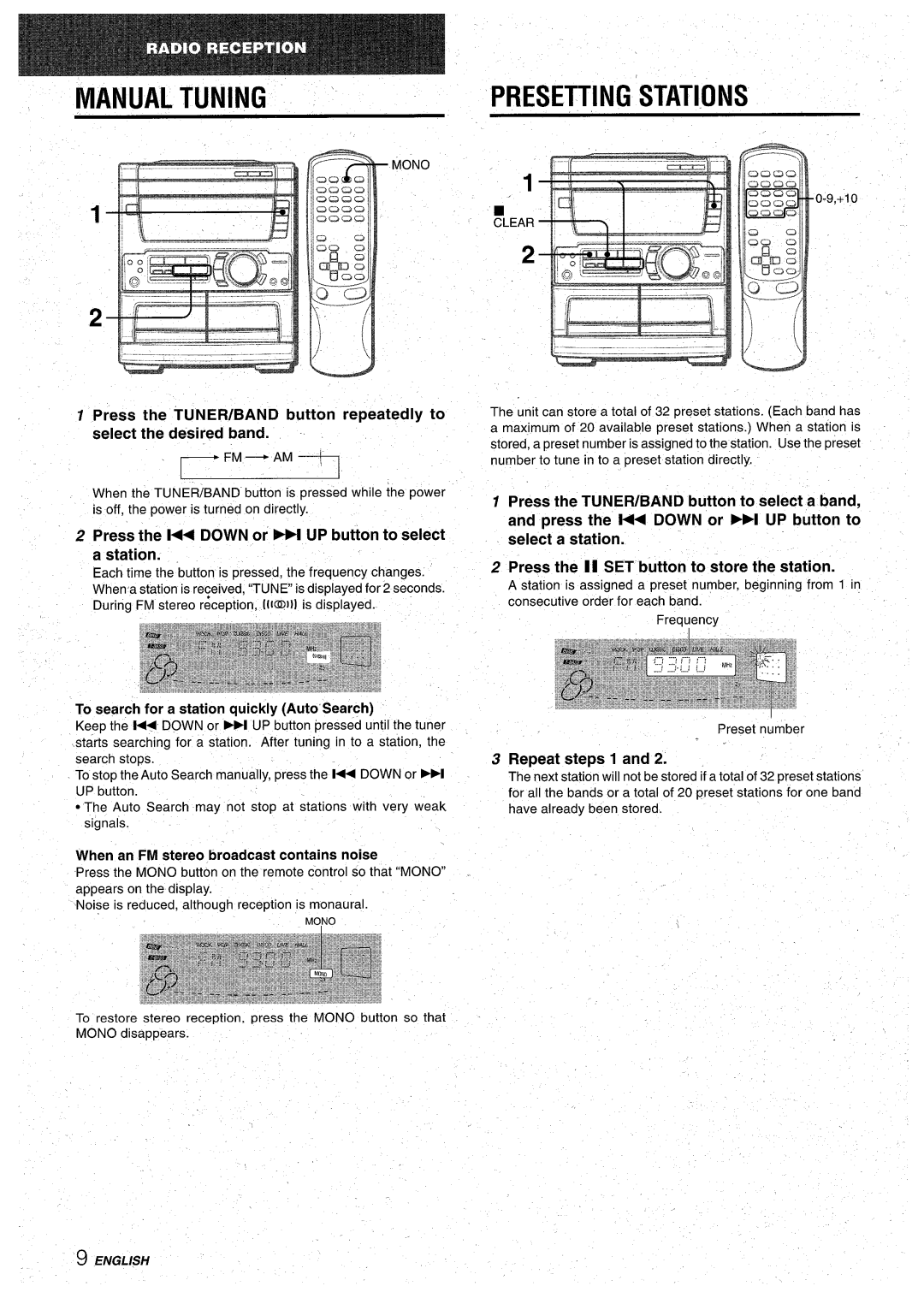 Aiwa CX-NA71 manual Manual Tuning, Presetting Stati.Ons, Press the TUNER/BAND button repeatedly to select the desired band 