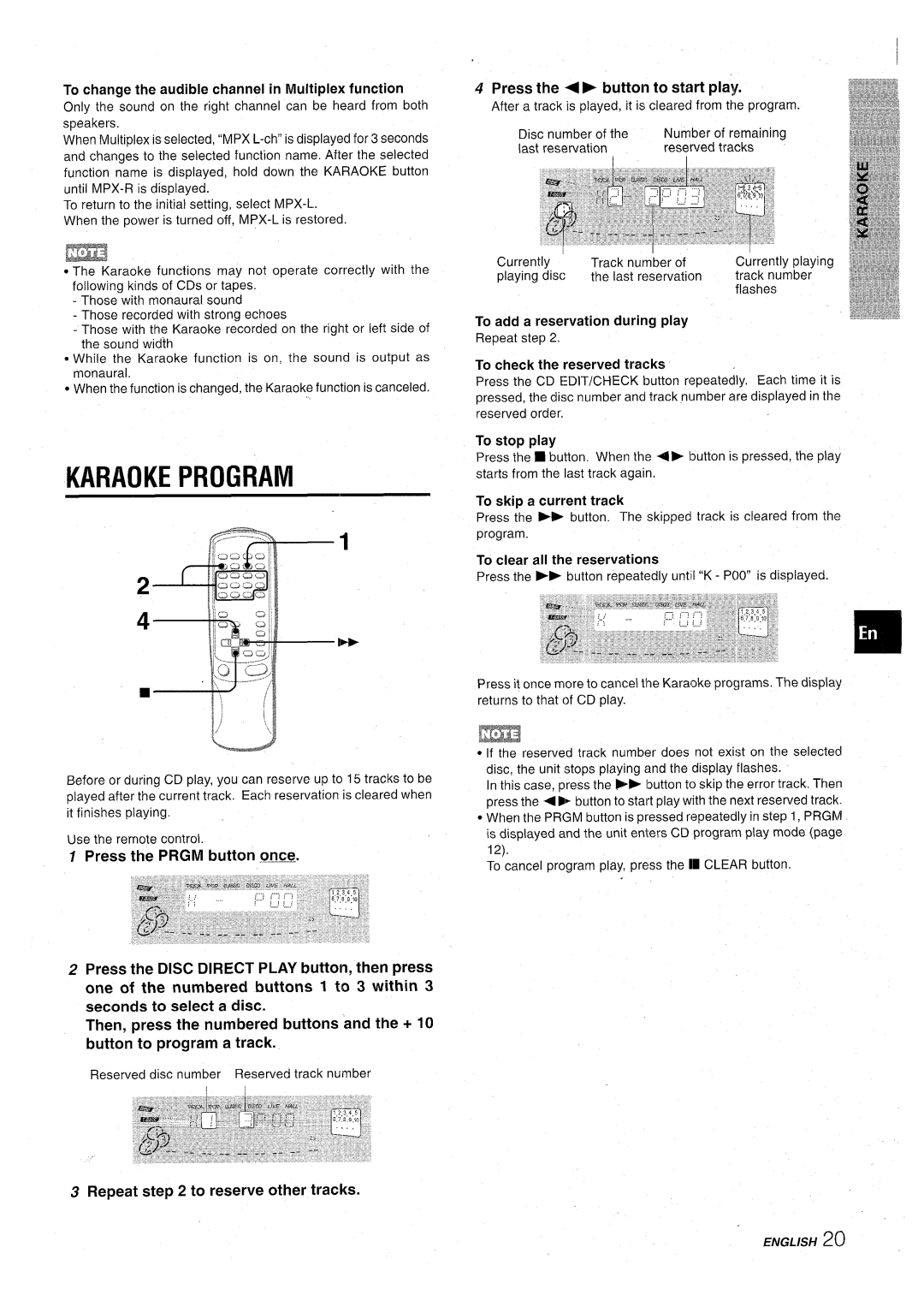 Aiwa CX-NA71 manual Karaoke Program, ENGLISH20, Press the PRGM button U, Repeat to reserve other tracks, To stop play 